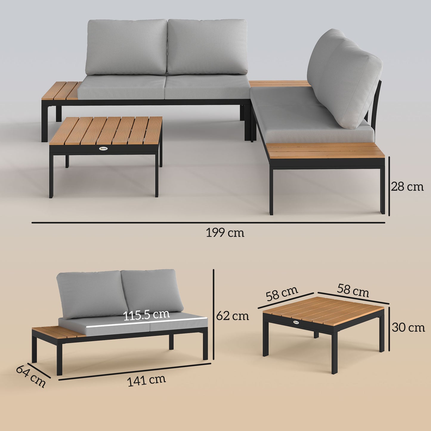 4 Seater Garden Corner Sofa Set with Removable Thick Cushions Teak