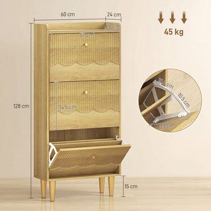 Narrow Shoe Cabinet, Shoe Storage Cabinet with 3 Flip Drawers, Oak