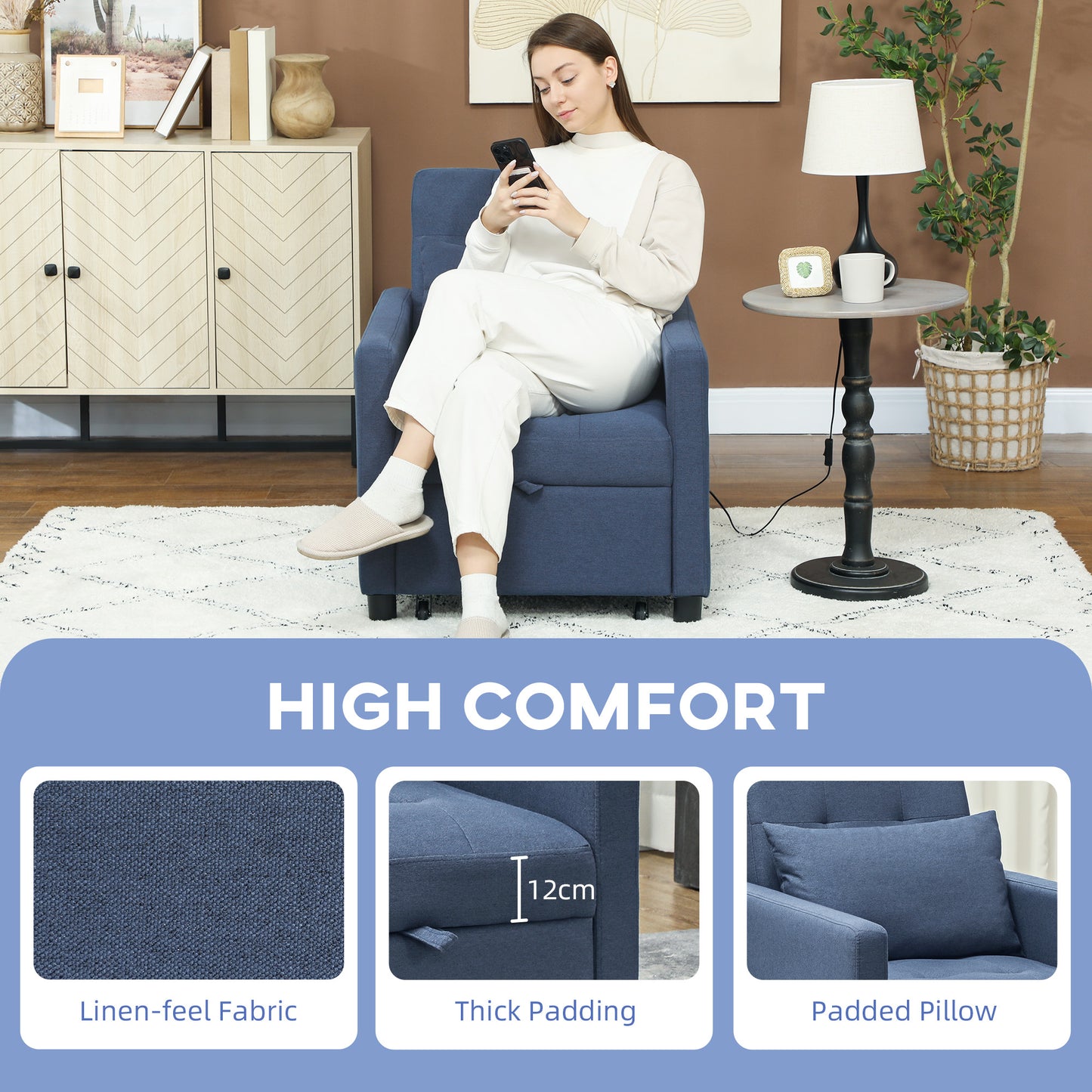 Convertible Single Chair Bed with Upholstered Fabric, Blue