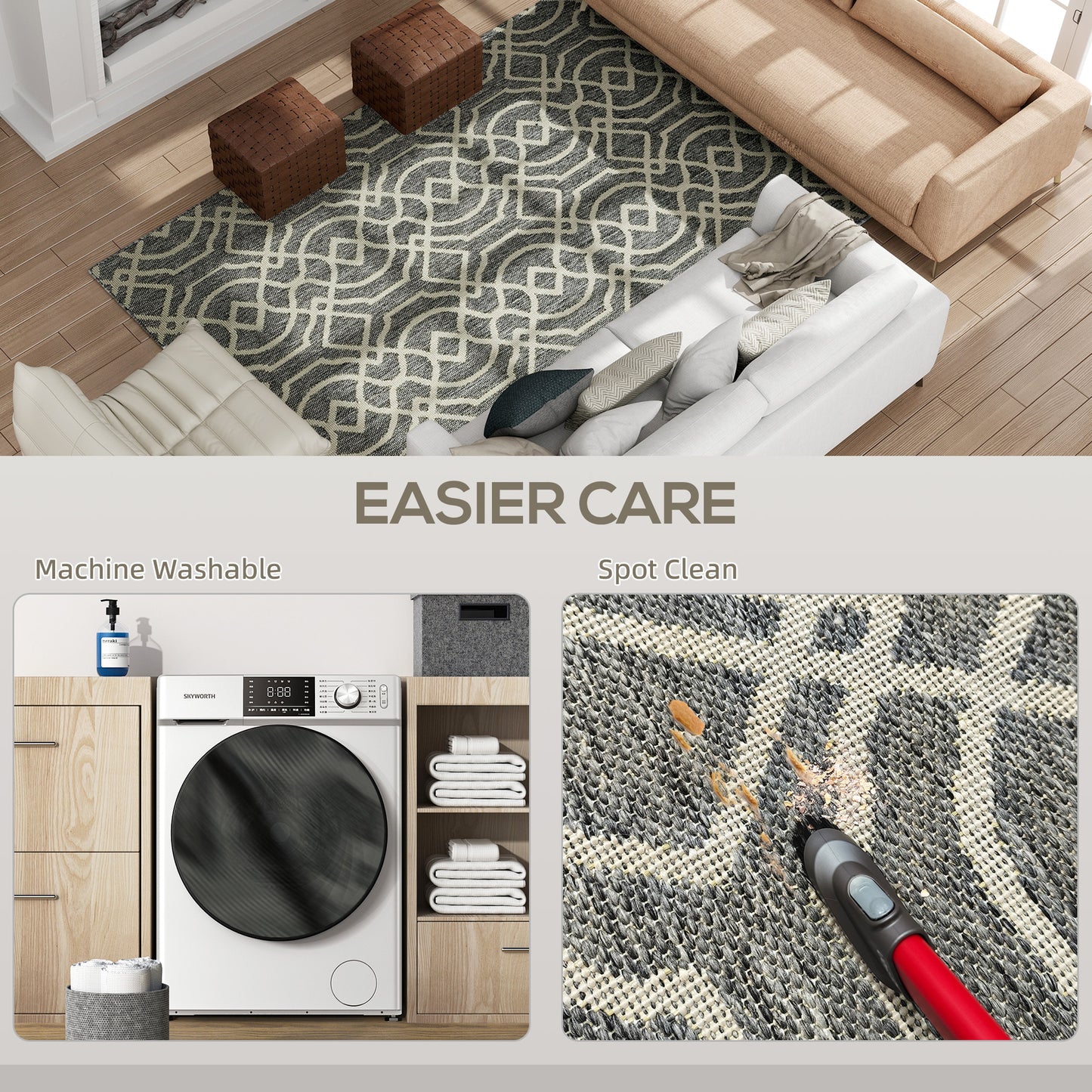 Easy-Cleaning Machine Washable Rug for Patio, Garden, Grey