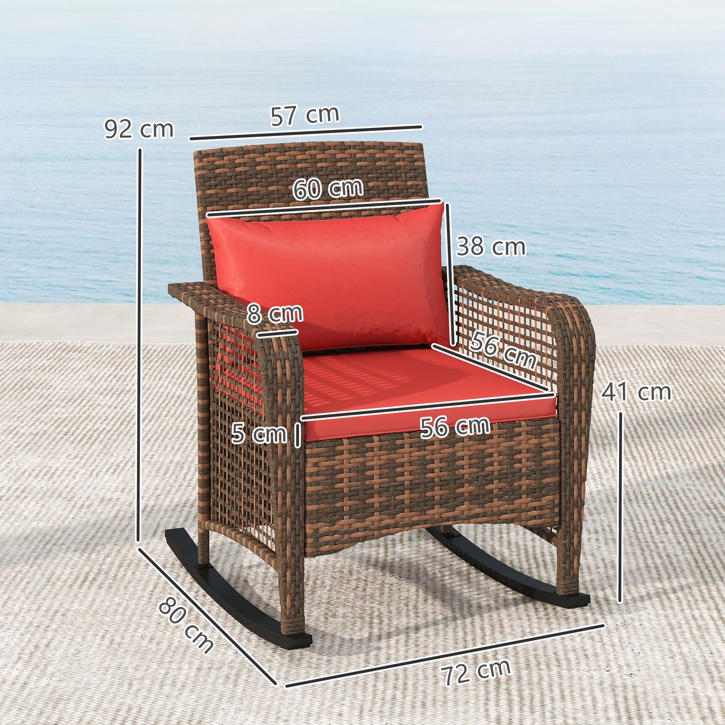 Rattan Garden Rocking Chair w/ Seat and Back Cushions, Red