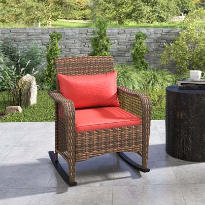 Rattan Garden Rocking Chair w/ Seat and Back Cushions, Red