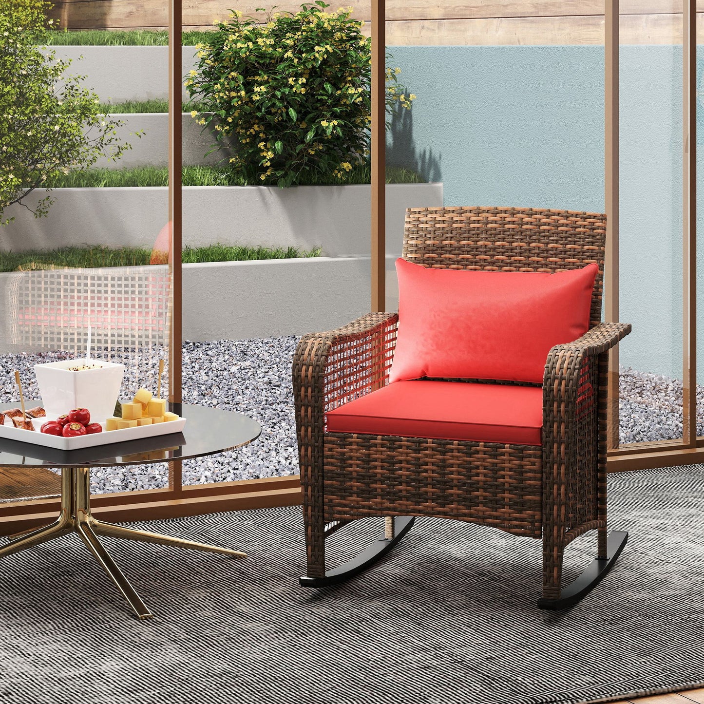Rattan Garden Rocking Chair w/ Seat and Back Cushions, Red