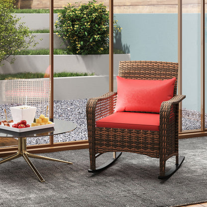 Rattan Garden Rocking Chair w/ Seat and Back Cushions, Red