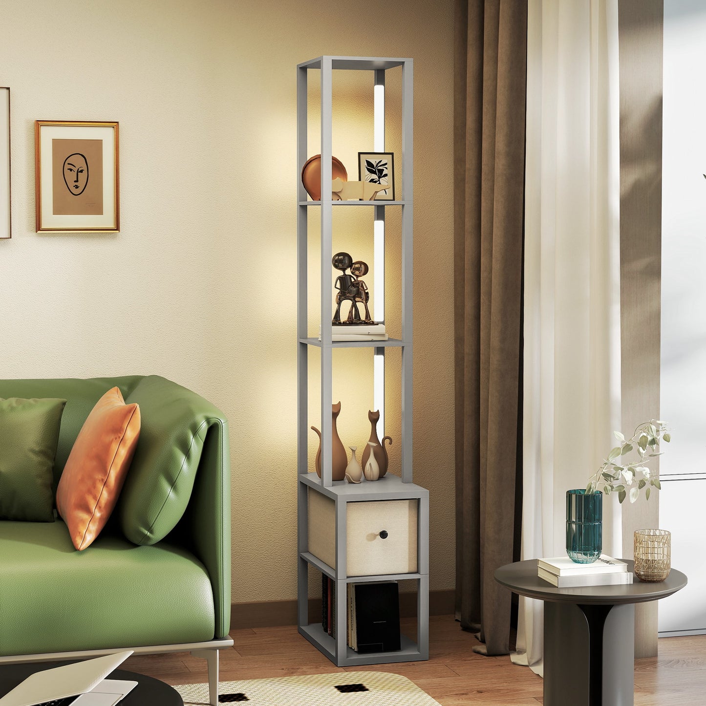 Floor Lamp with Shelves, LED Standing Lamp with Fabric Drawer, Grey
