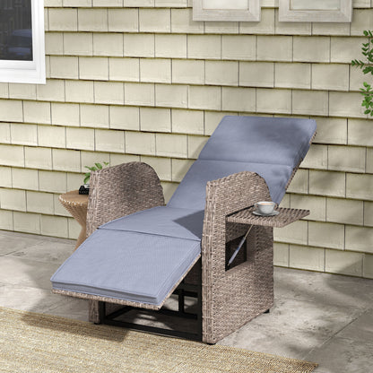 Outdoor PE Rattan Leisure Chair with Cushion, Hand-Woven PE Rattan Recliner Garden Chair with Adjustable Back and Footrest, Patio Deck Chair with Side Table, Brown