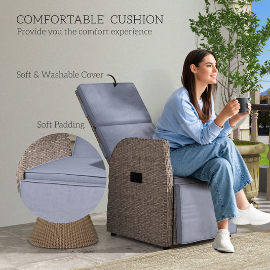Outdoor PE Rattan Leisure Chair with Cushion, Hand-Woven PE Rattan Recliner Garden Chair with Adjustable Back and Footrest, Patio Deck Chair with Side Table, Brown