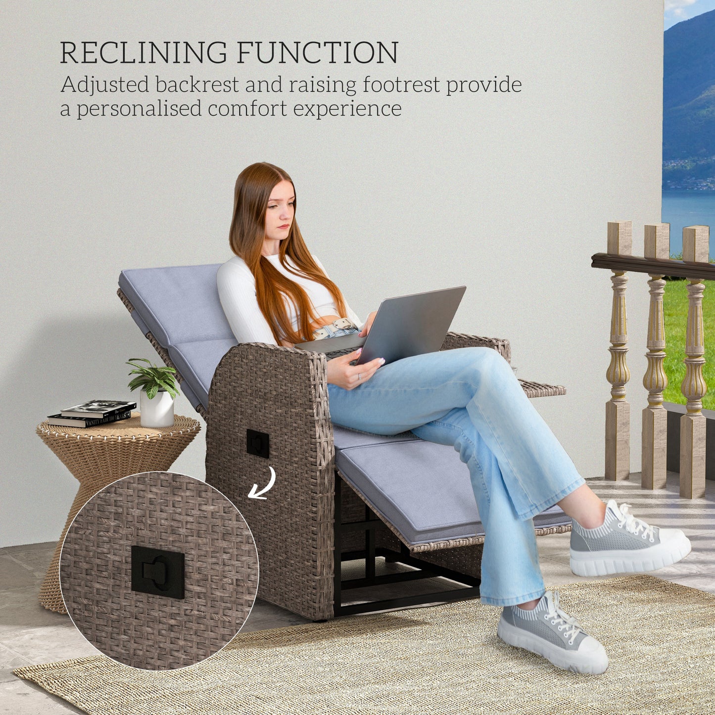 Outdoor PE Rattan Leisure Chair with Cushion, Hand-Woven PE Rattan Recliner Garden Chair with Adjustable Back and Footrest, Patio Deck Chair with Side Table, Brown