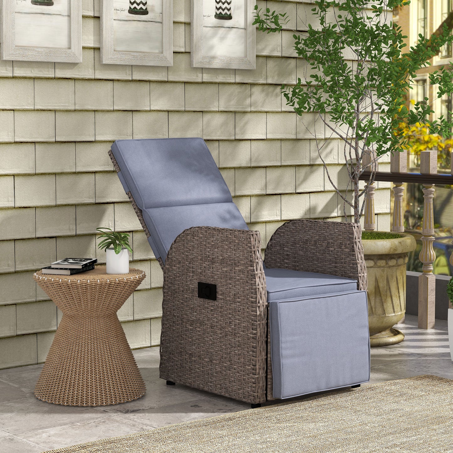 Outdoor PE Rattan Leisure Chair with Cushion, Hand-Woven PE Rattan Recliner Garden Chair with Adjustable Back and Footrest, Patio Deck Chair with Side Table, Brown