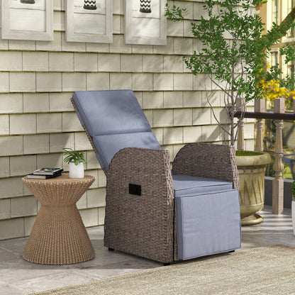 Outdoor PE Rattan Leisure Chair with Cushion, Hand-Woven PE Rattan Recliner Garden Chair with Adjustable Back and Footrest, Patio Deck Chair with Side Table, Brown