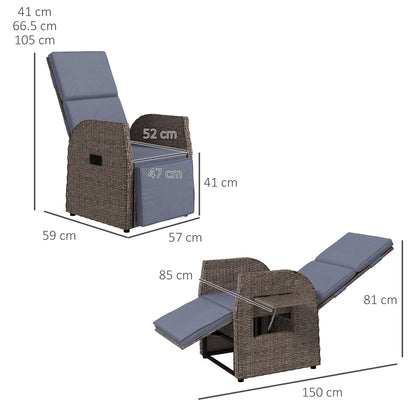 Outdoor PE Rattan Leisure Chair with Cushion, Hand-Woven PE Rattan Recliner Garden Chair with Adjustable Back and Footrest, Patio Deck Chair with Side Table, Brown