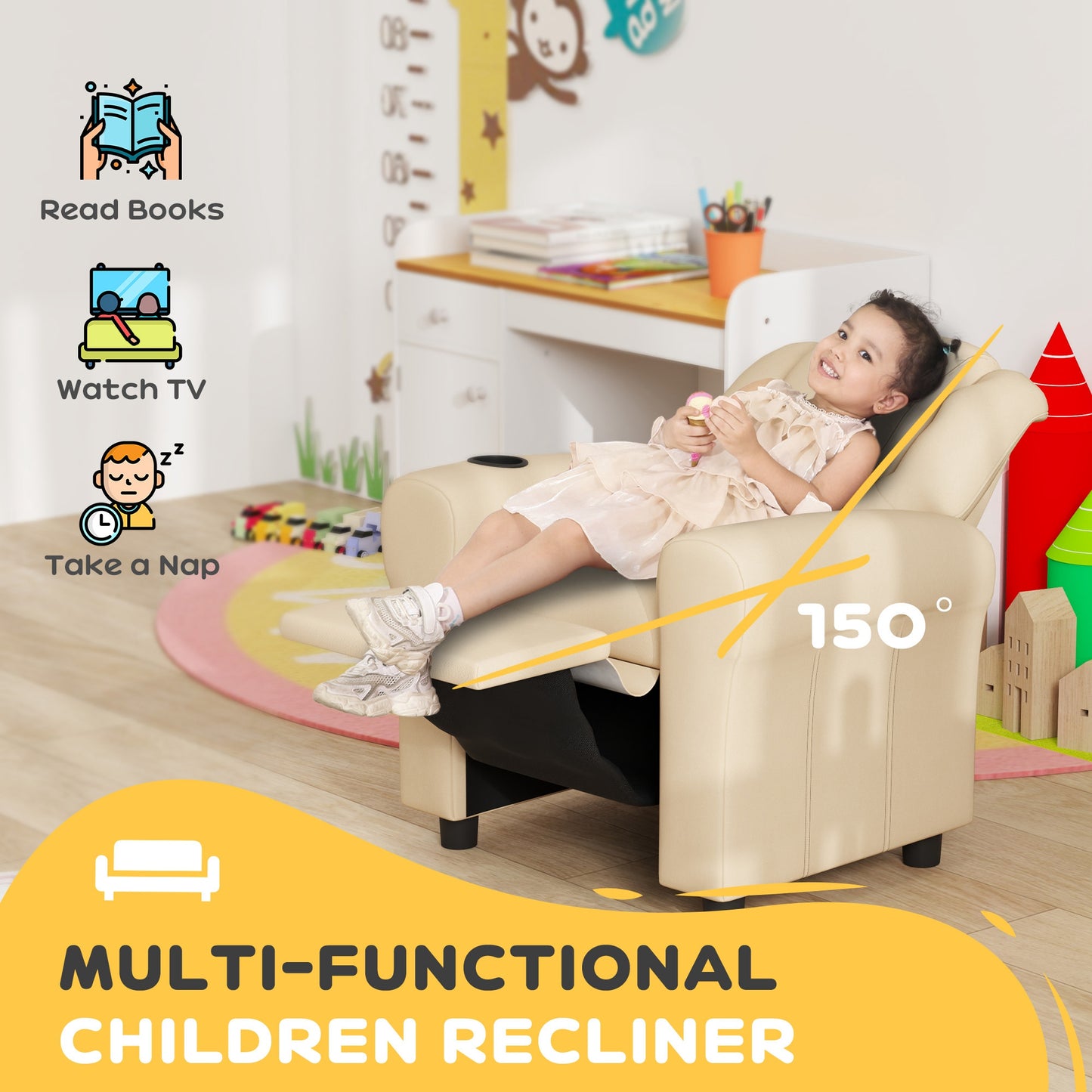 Kids Recliner Chair with Adjustable Backrest and Footrest, Beige