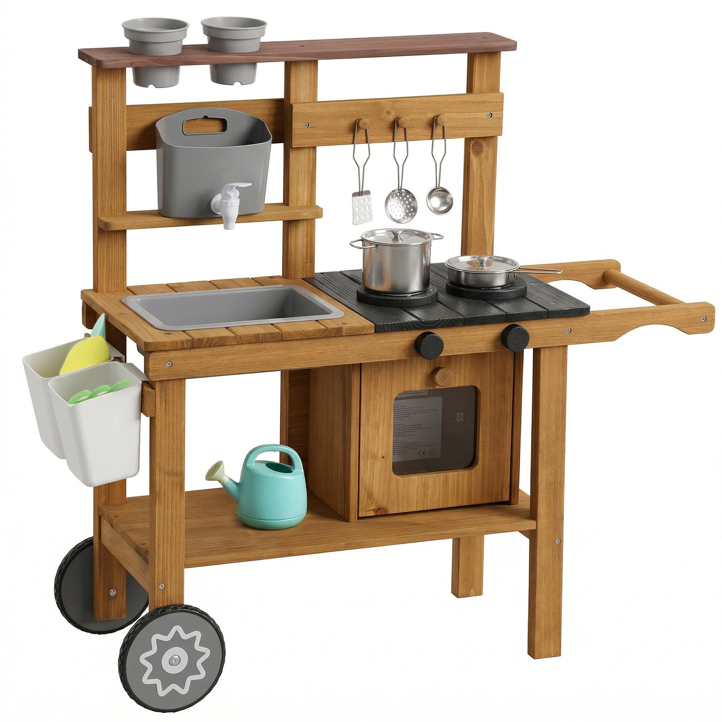 Wooden Mud Kitchen with Wheels, Stove, Stainless Steel Accessories