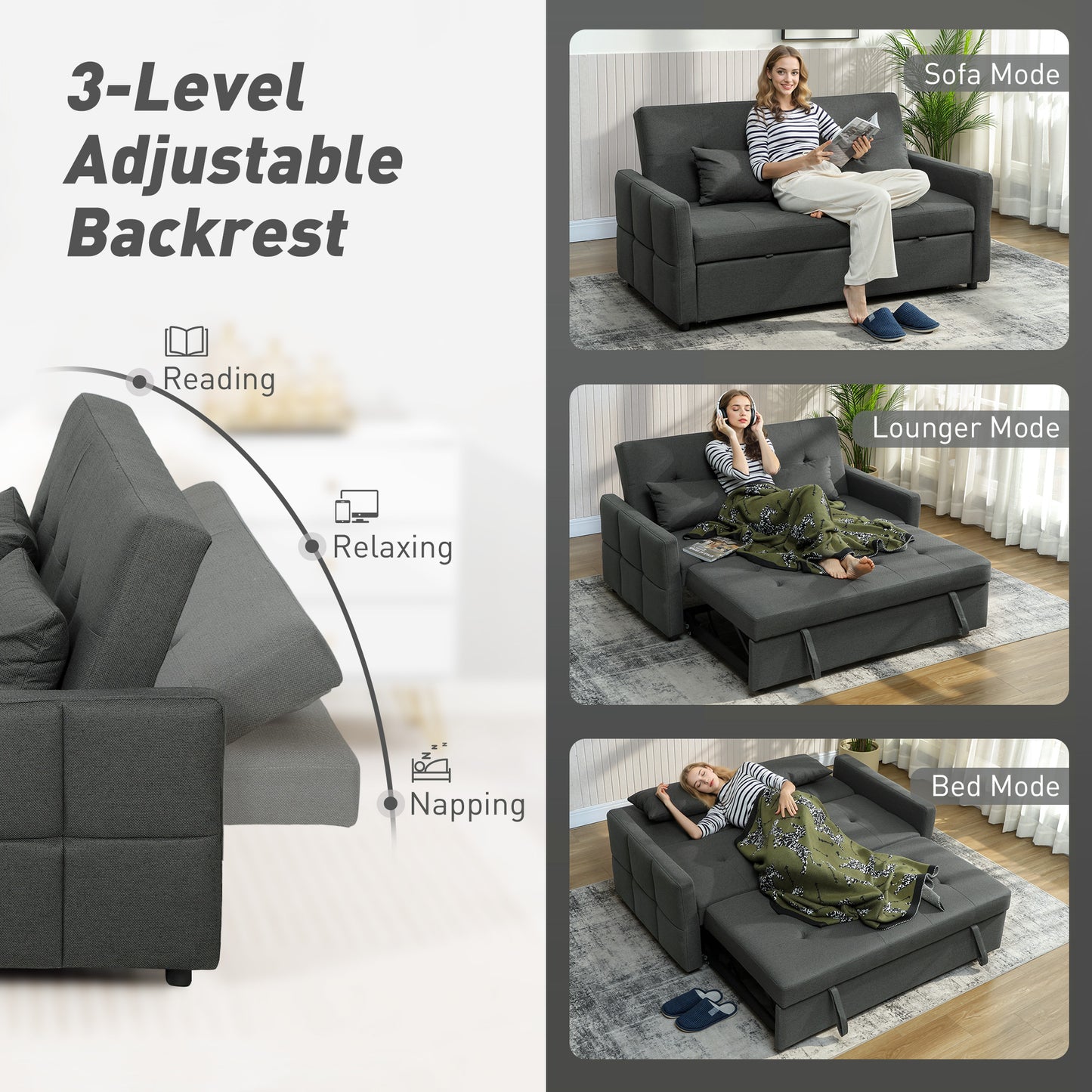 2 Seater Sofa Bed, Convertible Pull Out Bed Settee, Charcoal Grey