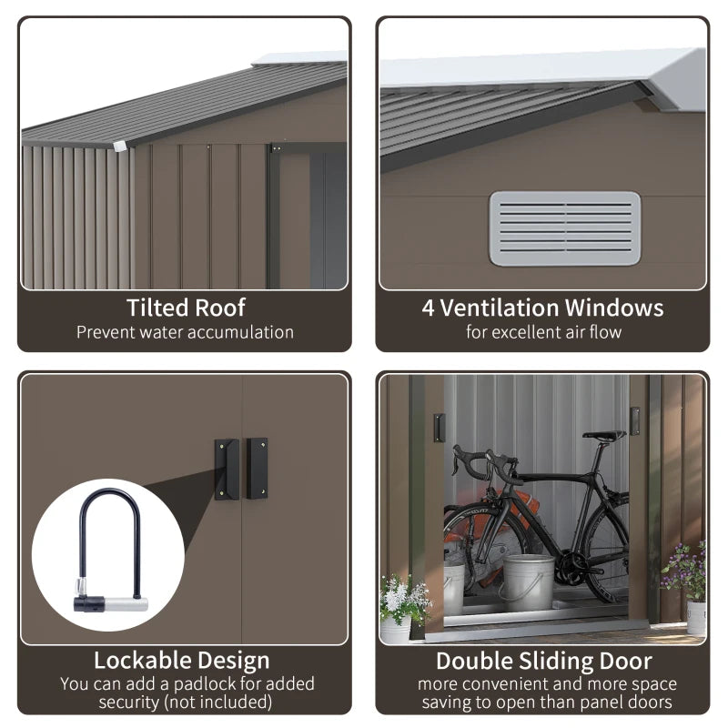 7 x 4ft Garden Metal Storage Shed with Ventilation Slots, Floor Foundation and Lockable Double Doors, Brown