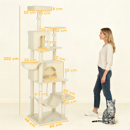 Cat Tree, 202cm Large Cat Tower for Indoor Kittens with 6 Scratching Posts, 2 Condos, 2 Perches, 2 Hammocks, Pompoms, Multi-Level Plush Kitty Activity Centre for Rest and Play, Beige