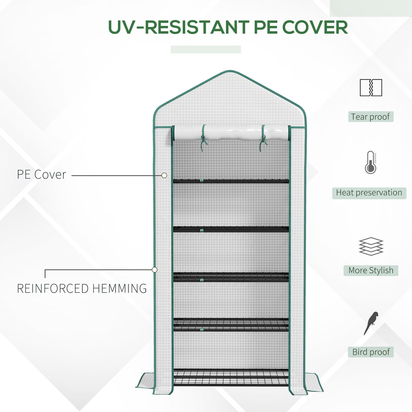 5 Tier Widened Mini Greenhouse w/ Reinforced PE Cover, Portable Green House w/ Roll-up Door & Wire Shelves, 193H x 90W x 49Dcm, White