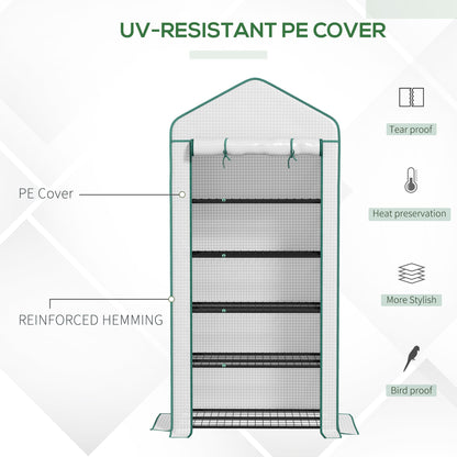 5 Tier Widened Mini Greenhouse w/ Reinforced PE Cover, Portable Green House w/ Roll-up Door & Wire Shelves, 193H x 90W x 49Dcm, White