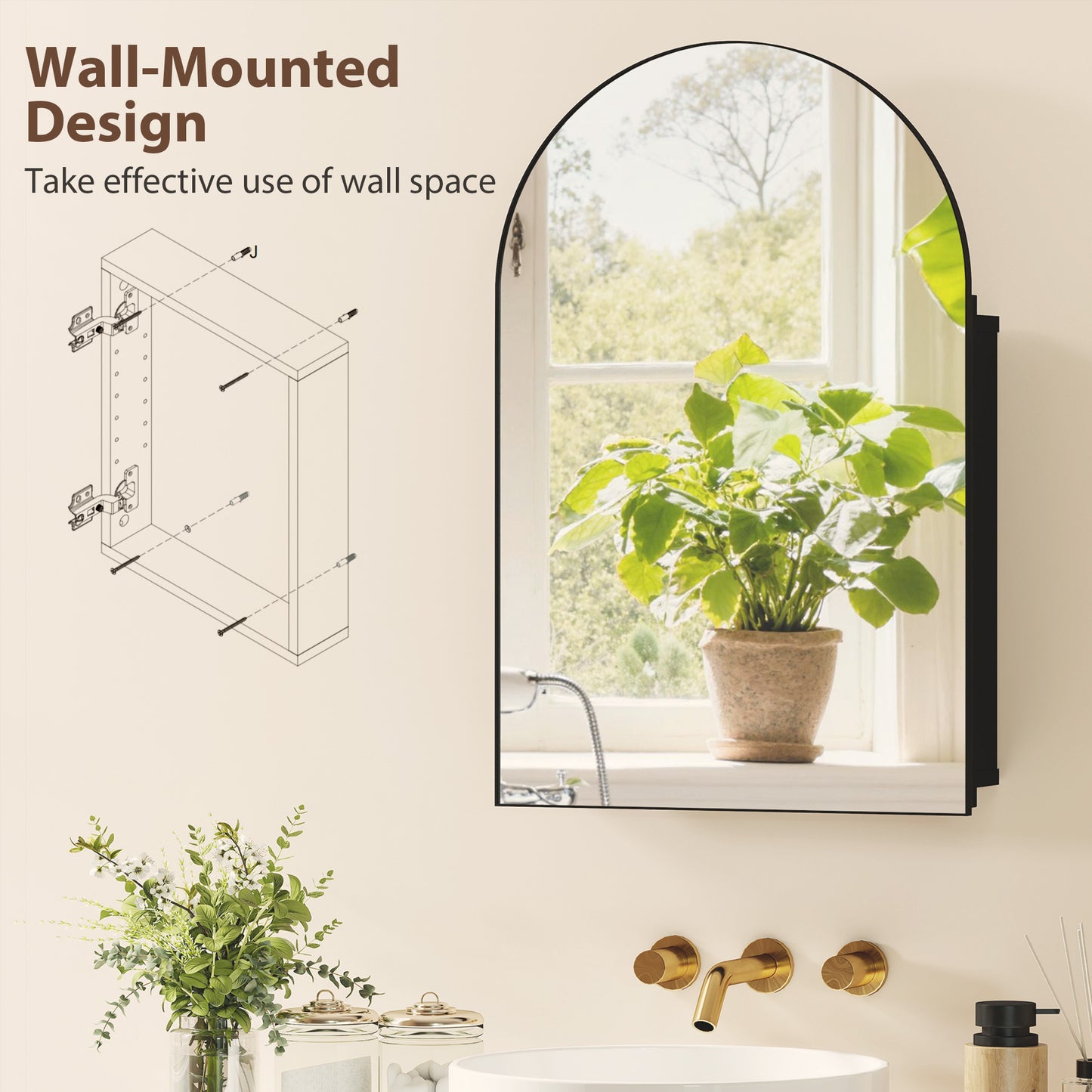 Bathroom Mirror Cabinet with Mirror Arched Wall Cabinet Black