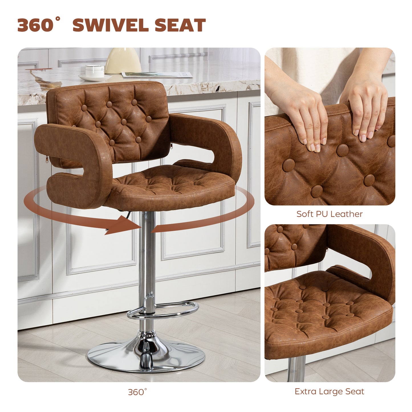 Adjustable Height Barstool Steel Pole PU Leather, Brown