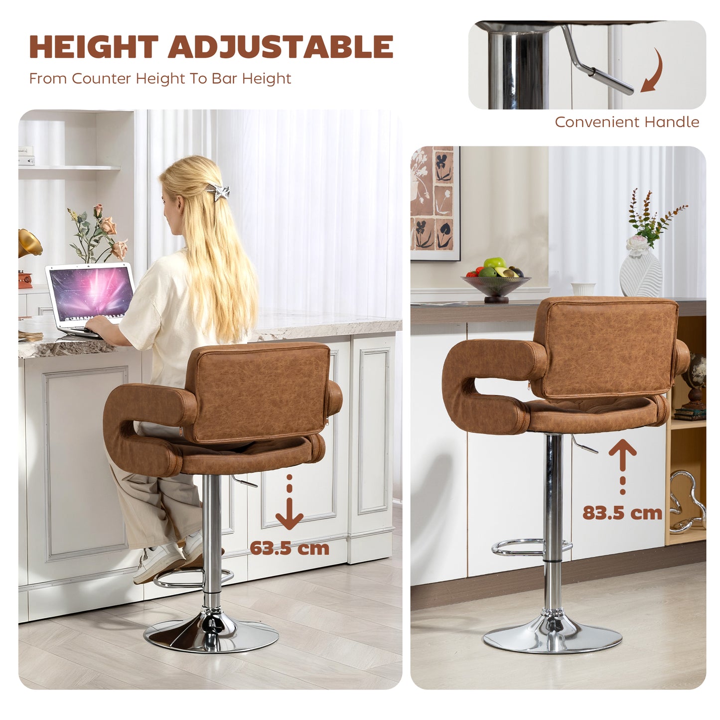 Adjustable Height Barstool Steel Pole PU Leather, Brown