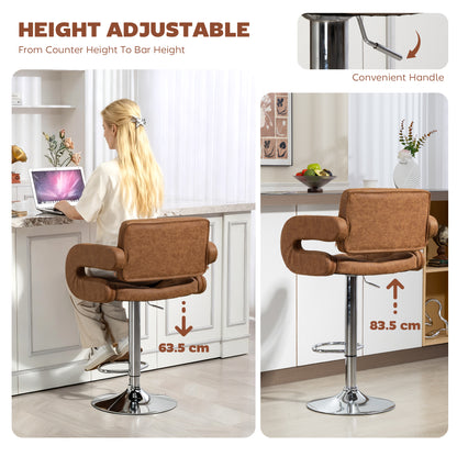 Adjustable Height Barstool Steel Pole PU Leather, Brown