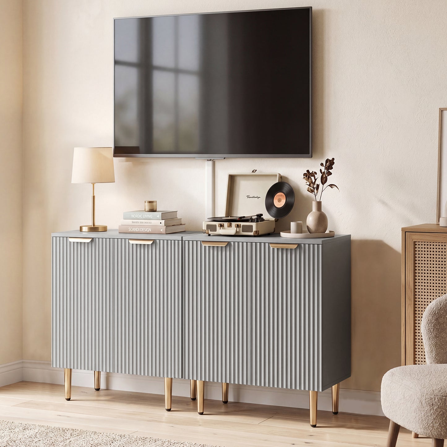 Sideboard Buffet Cabinet, Modern Kitchen Storage Cabinet with 2 Doors and Adjustable Shelf, Living Room Sideboard with Metal Legs for Hallway, Grey
