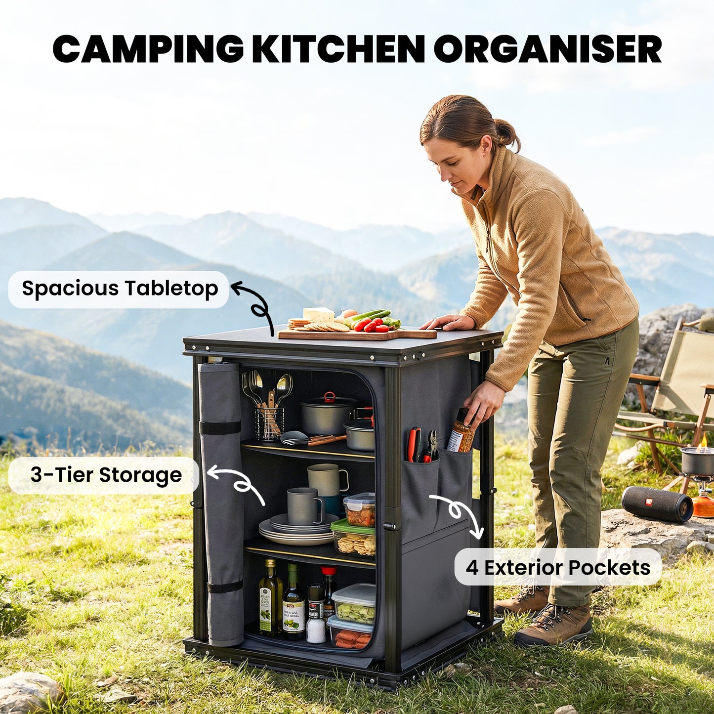 Camping Cupboards, Folding Camping Kitchen Table with 3-Tier