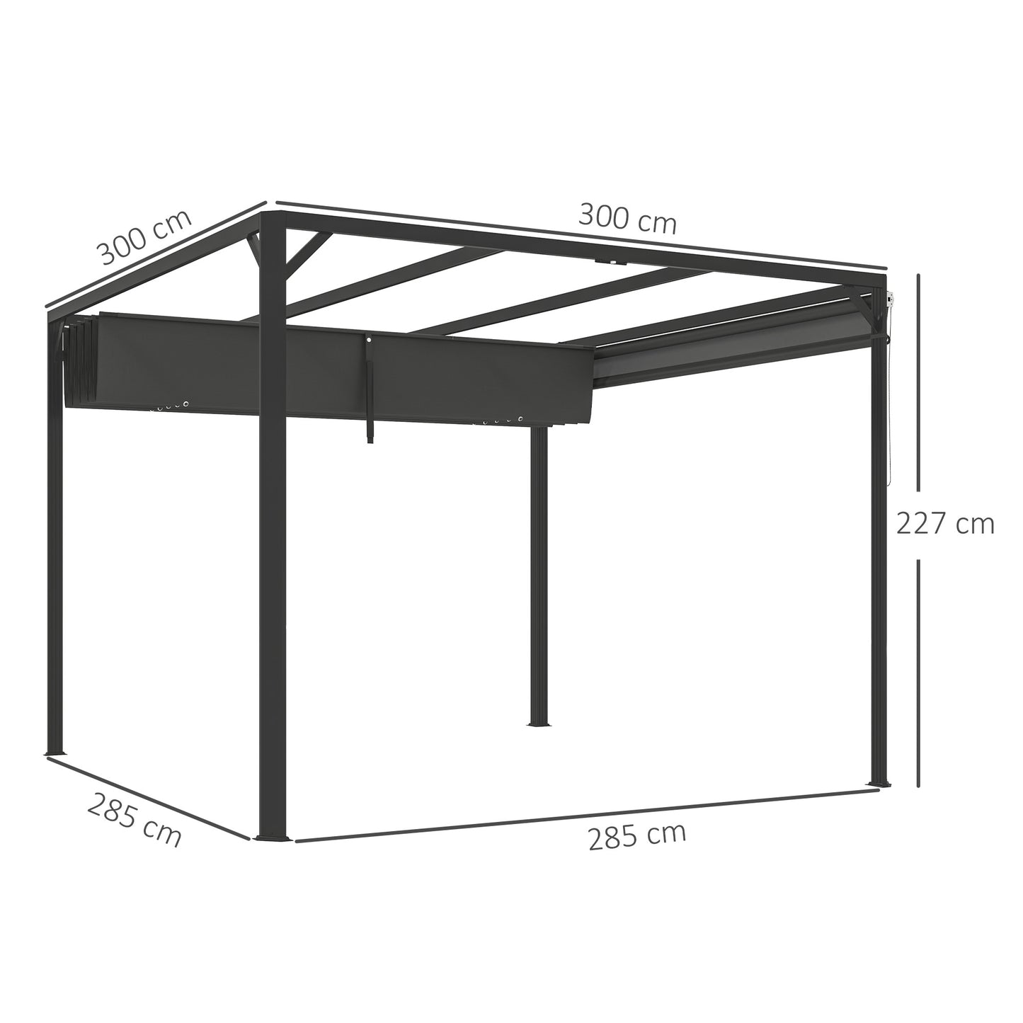 3 x 3(m) Pergola with Retractable Roof & Roller Shade, Dark Grey