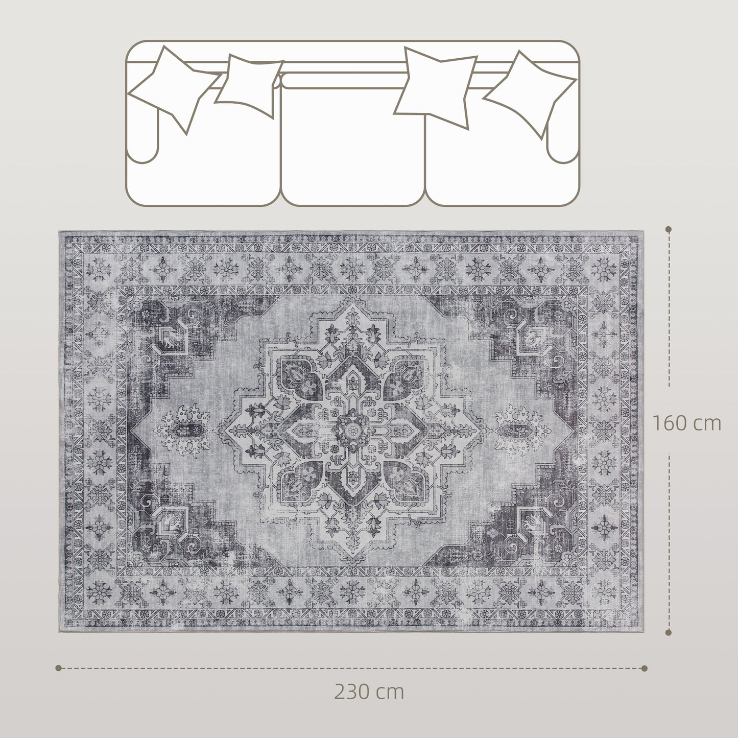 Flannel Non-Slip Washable Rug for Living Room, 230 x 160 cm, Grey