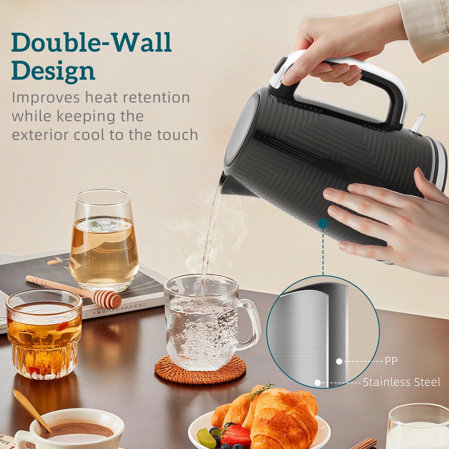 1.7L 3000W Rapid Boil Kettle and 2 Slice Toaster Set Crumb Tray Black