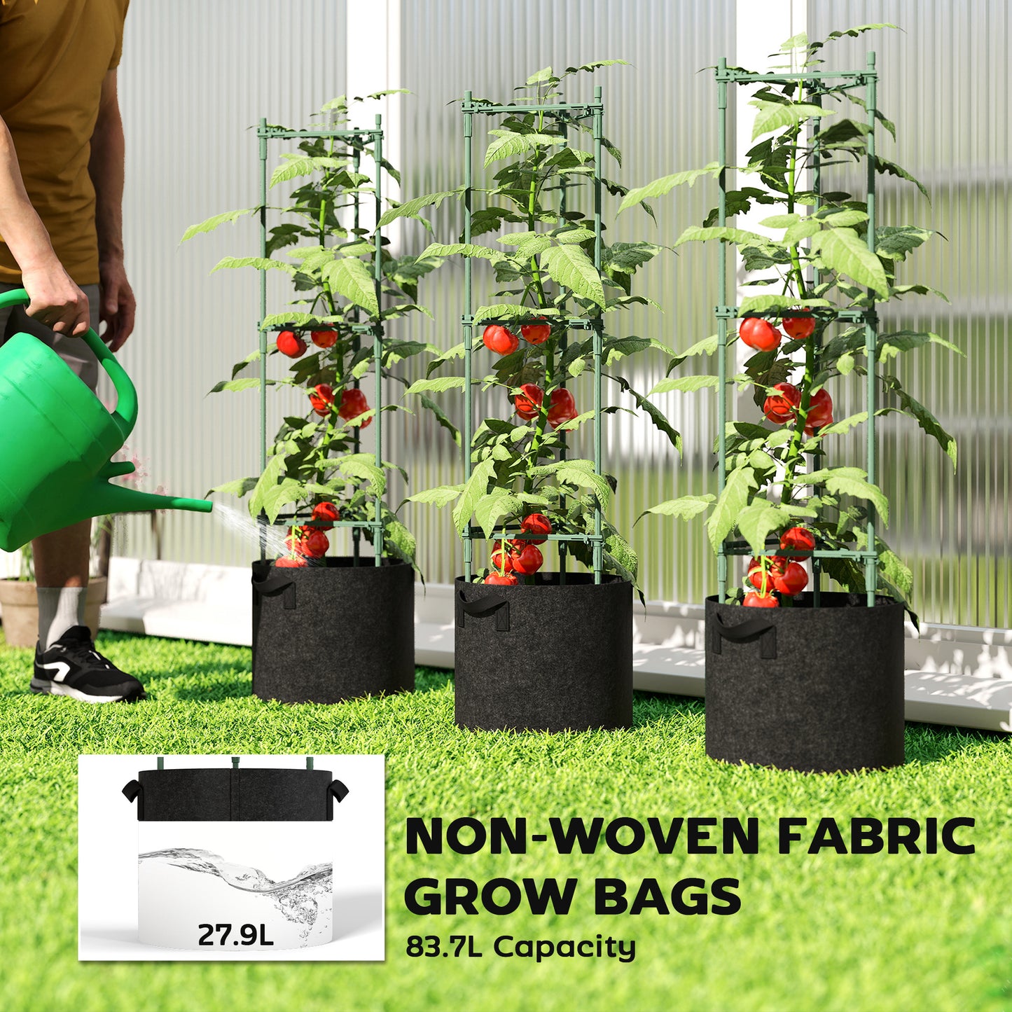3 Packs Tomato Cages with 83.7L Grow Bags, 47.2" Plant Stakes