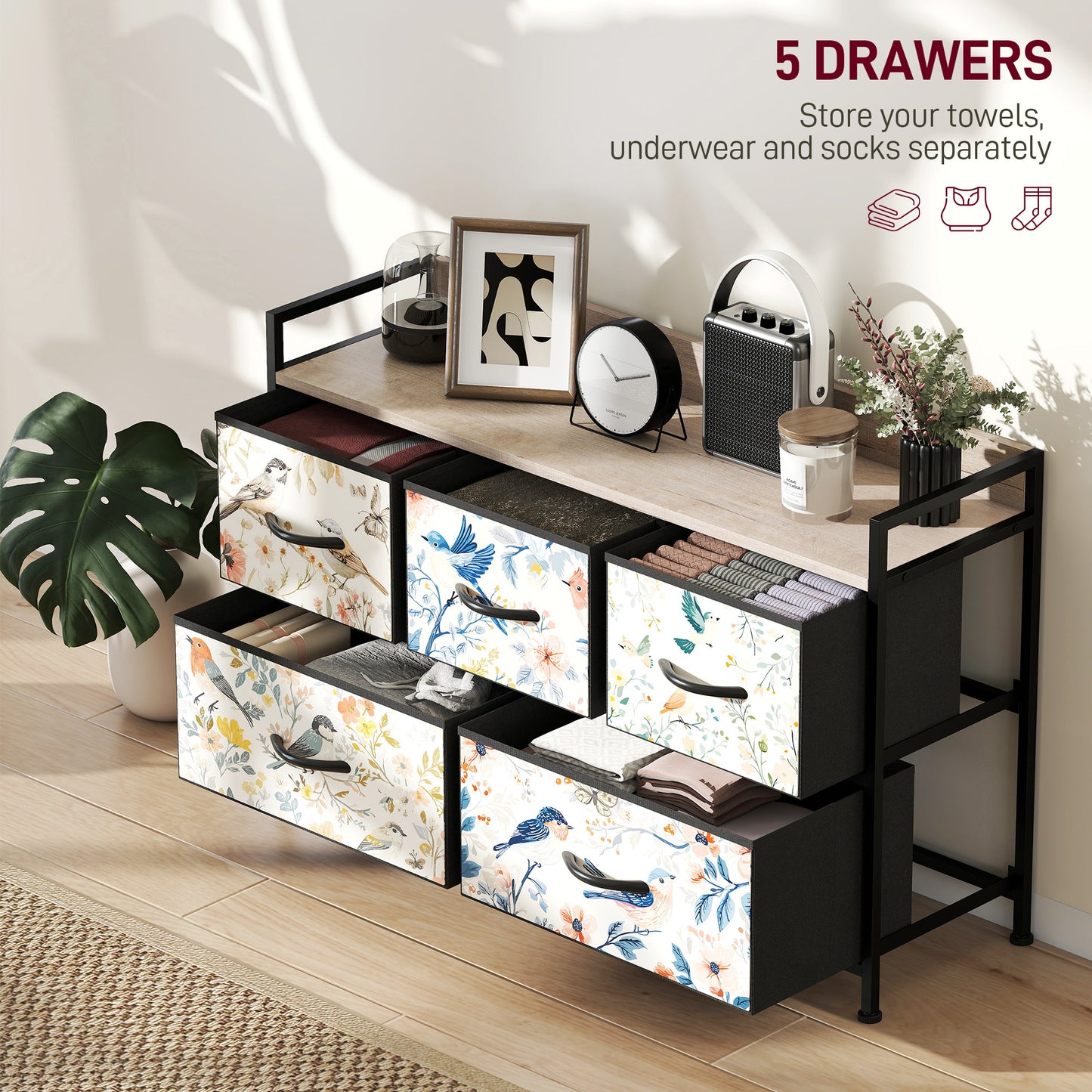 5-Drawer Chest of Drawers, Fabric Dresser, White