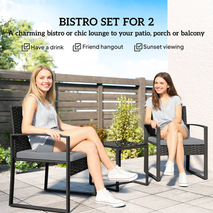 Rattan Bistro Set, 3 PCS Garden Furniture with Cushion, Light Grey