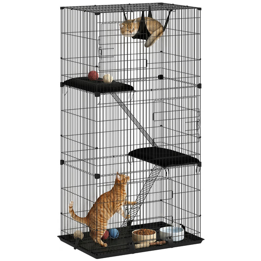 3-Tier Large Cat Cage Indoor, Detachable Metal Wire Kennel with Hammock, Platforms, Bottom Tray and Cushions, Large Exercise Place with Ladders and 3 Front Doors for 1-2 Kittens, Black