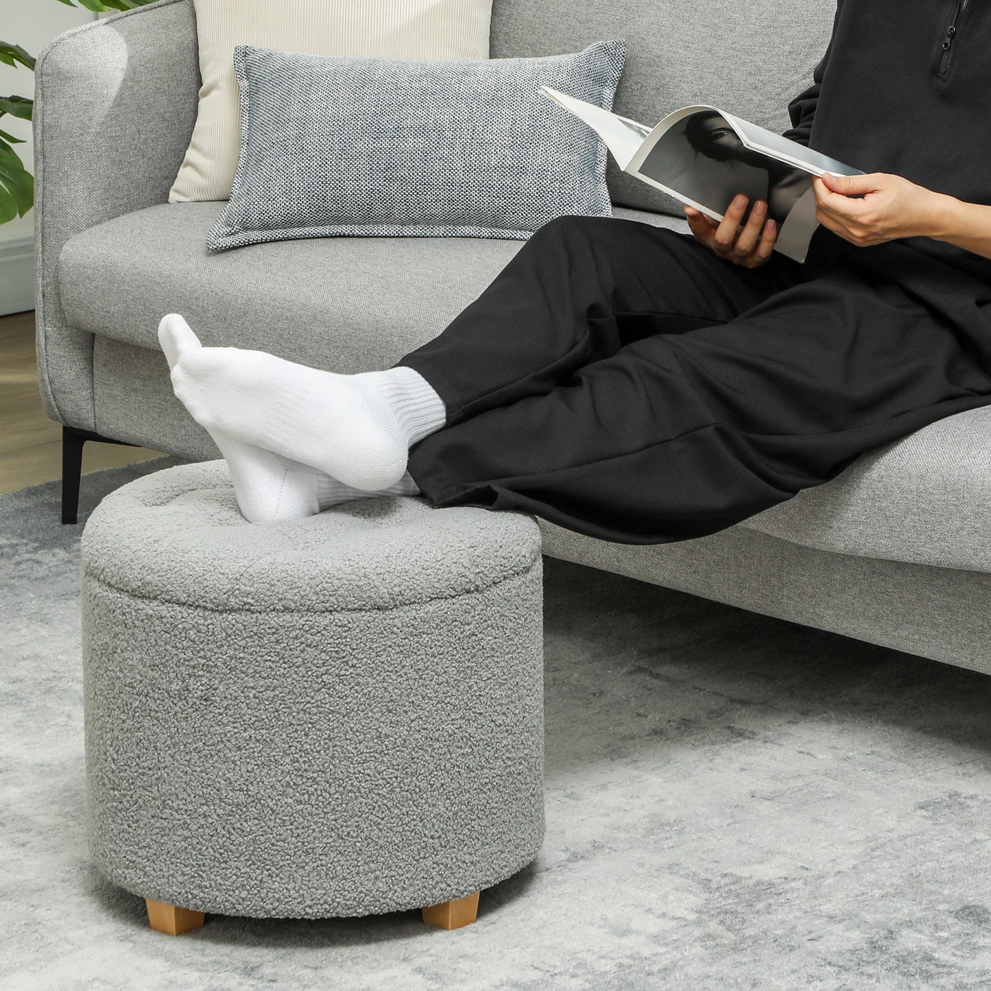 45cm Round Ottoman with Storage, Lid, Cashmere Footstool, Grey