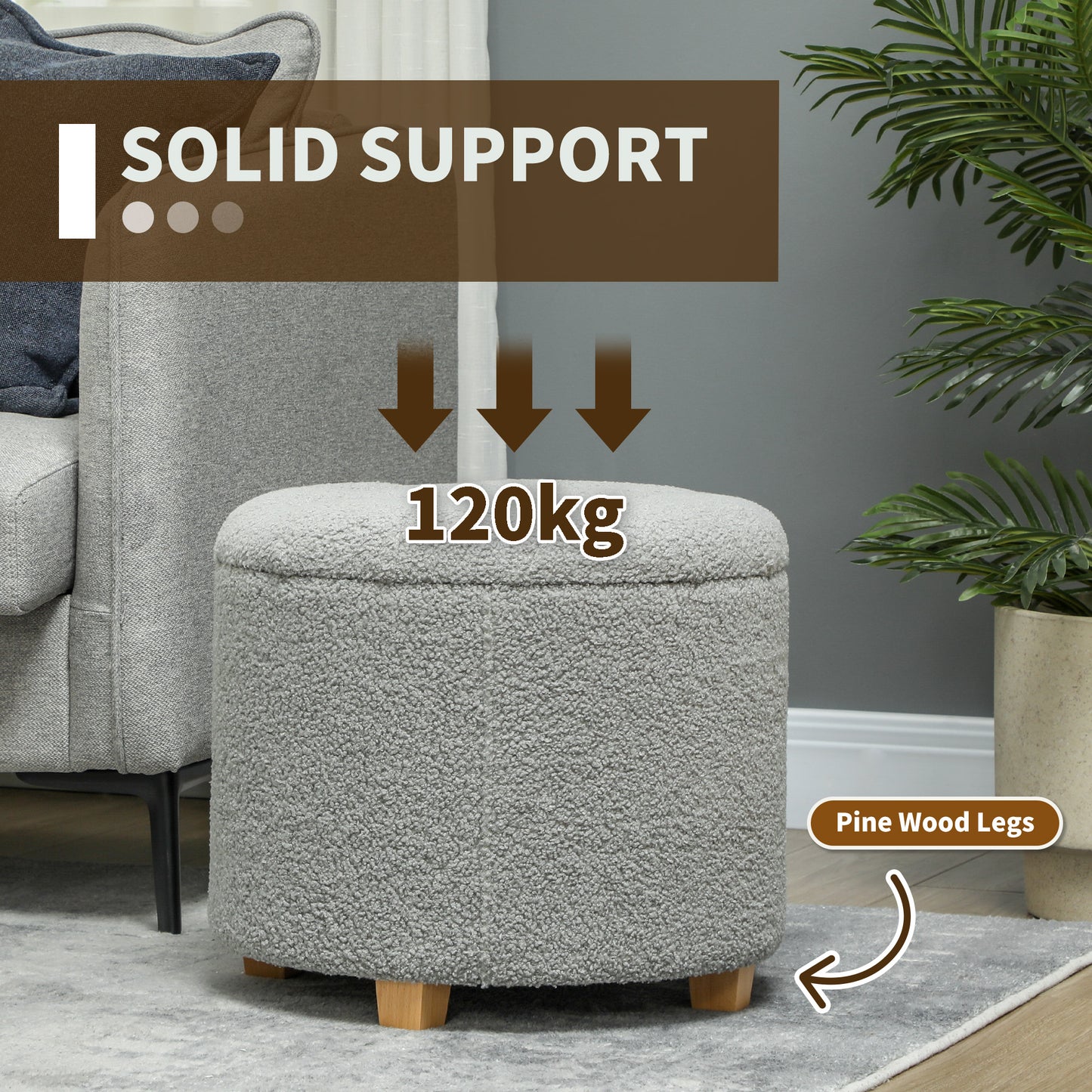 45cm Round Ottoman with Storage, Lid, Cashmere Footstool, Grey