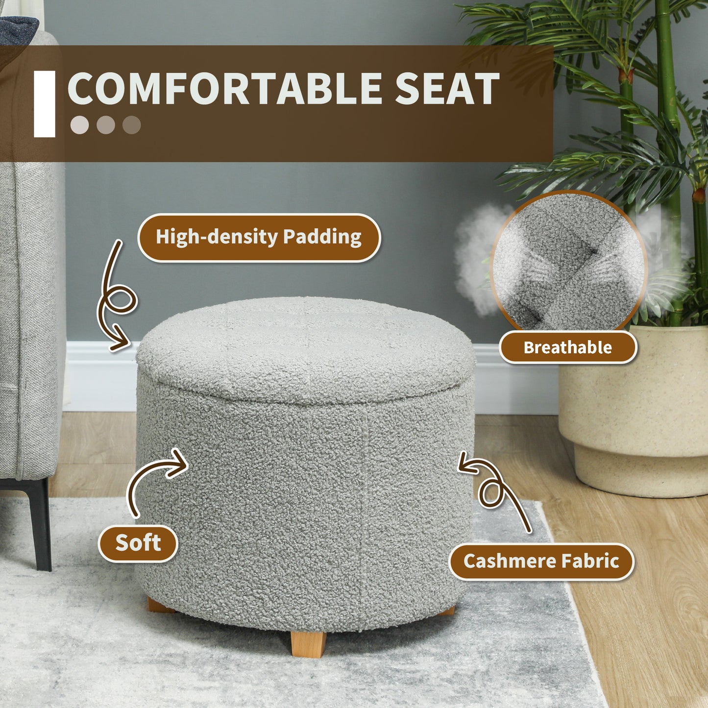45cm Round Ottoman with Storage, Lid, Cashmere Footstool, Grey