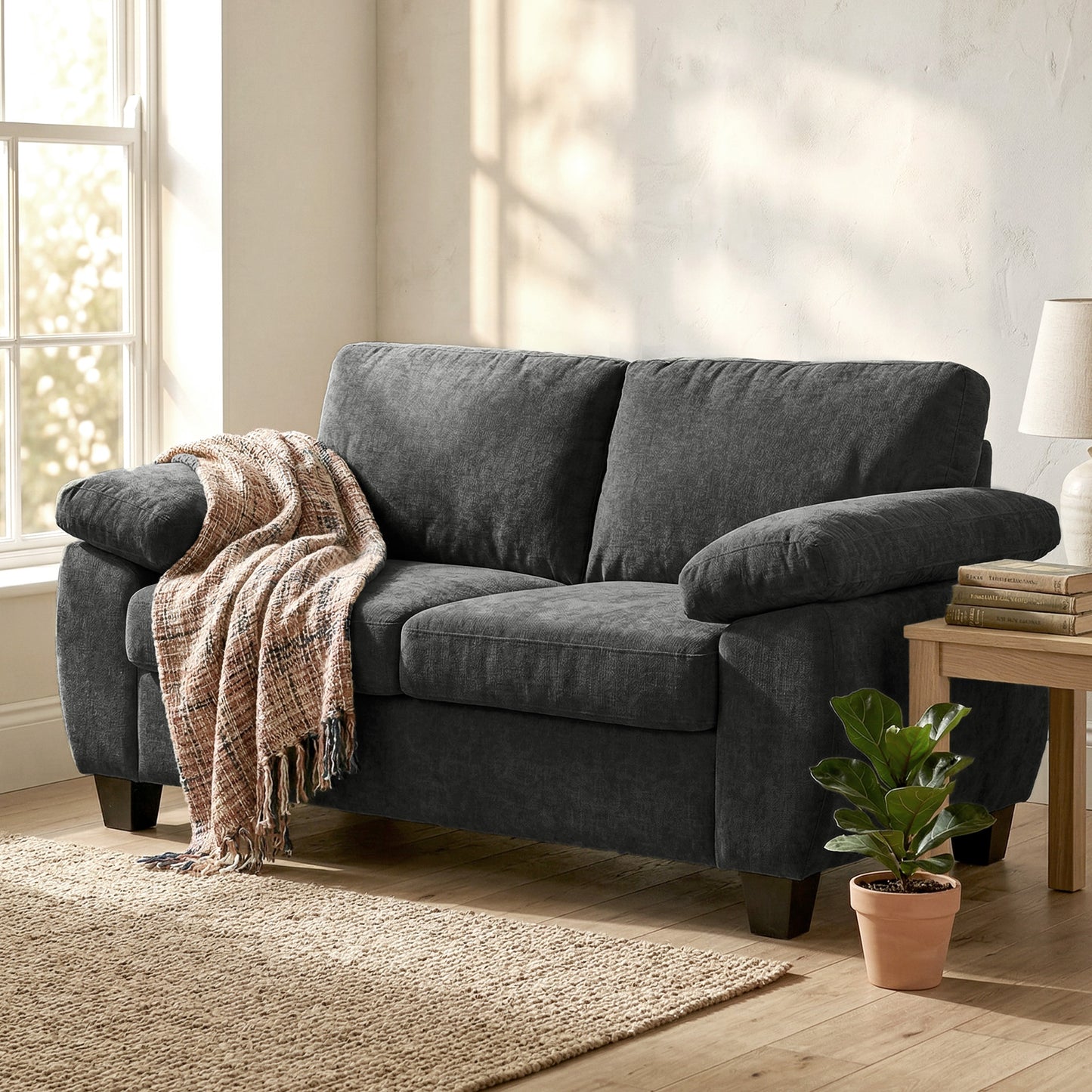 2 Seater Sofa, Chenille Small Sofa with Spring Cushions, Dark Grey