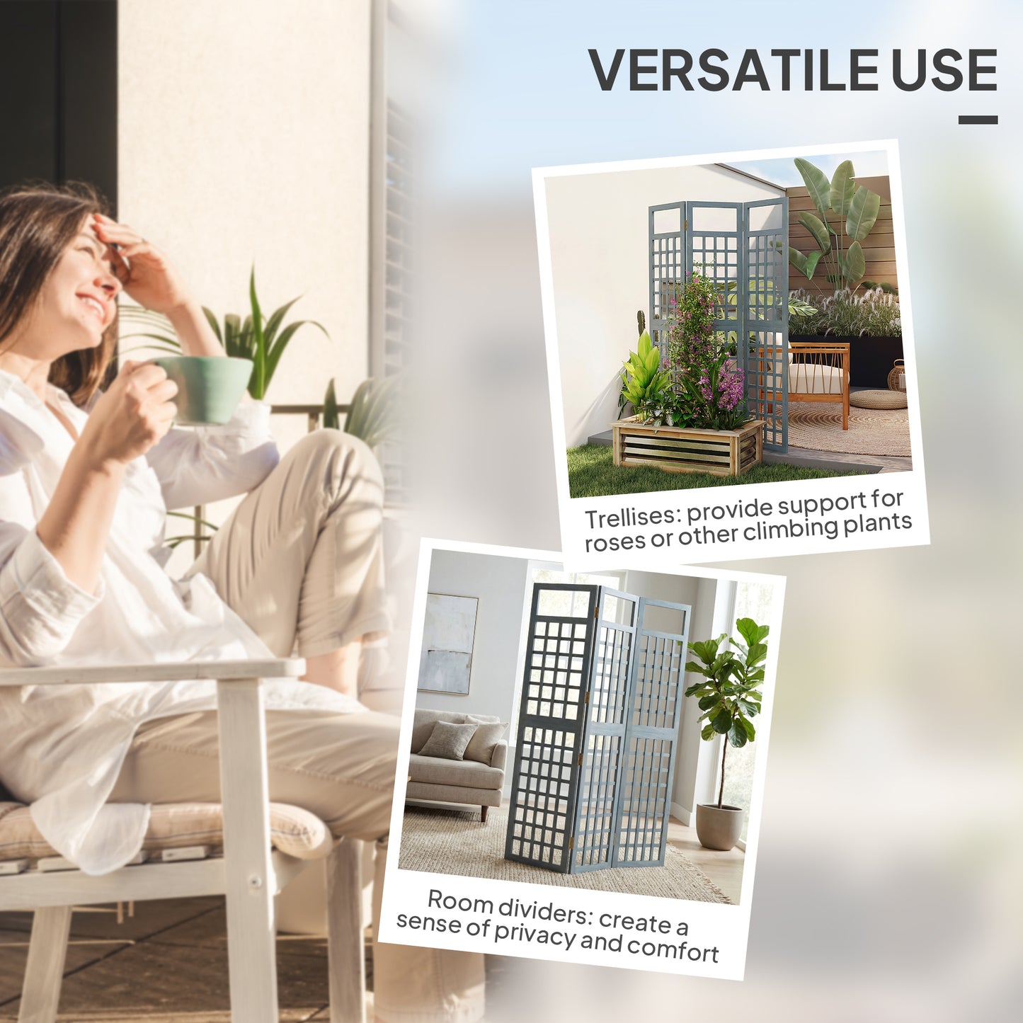 3-Panel Garden Privacy Screen, Foldable Wooden Divider, Grey
