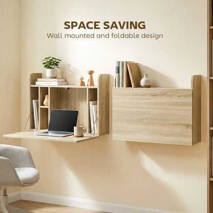Wall Mounted Table w/ Space Saving Storage Compartments, Oak