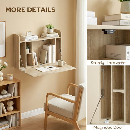 Wall Mounted Table w/ Space Saving Storage Compartments, Oak