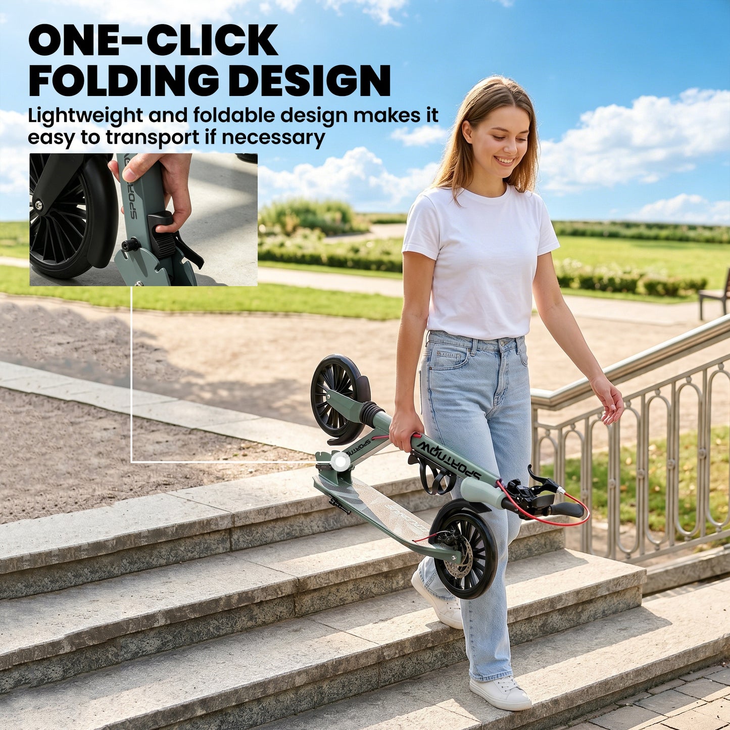 Foldable Kick Scooter with Height Adjustable Handlebar, One-click Folding Adult Scooters with 200 mm Big Wheels, Shock Absorption, ABEC-7 Bearings, Dual Brake System, Aluminium Frame, Silver Tone