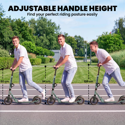 Foldable Kick Scooter with Height Adjustable Handlebar, One-click Folding Adult Scooters with 200 mm Big Wheels, Shock Absorption, ABEC-7 Bearings, Dual Brake System, Aluminium Frame, Silver Tone