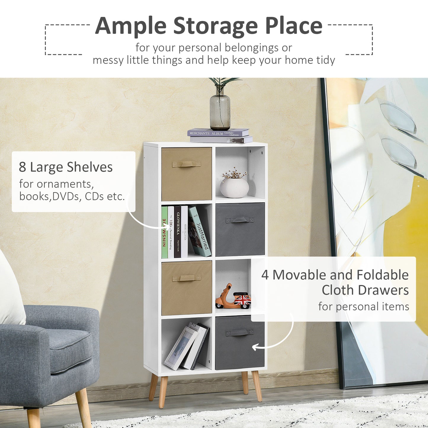 123 x 55cm Freestanding 8 Cube Storage Cabinet Unit Bookcase w/ 4 Drawer