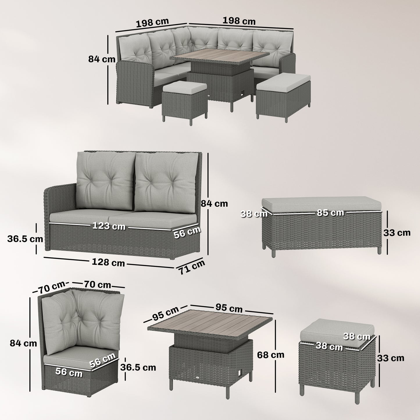 6 PCs Rattan Garden Furniture Sectional Corner Sofa, Dark Grey