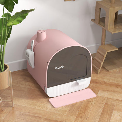 Cat Litter Box Kitten Litter Tray w/ Lid, Scoop, Filter, Flap Door, Pink
