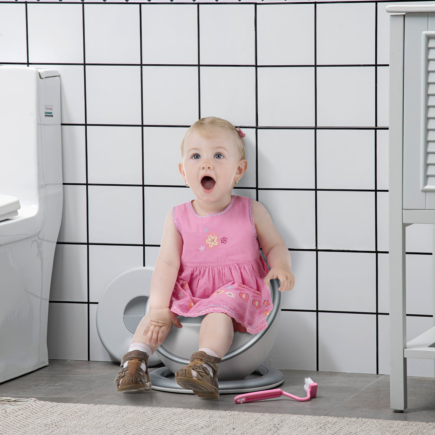 Kids Potty Training Toilet with Brush, Mini Size Training Seat with Removable Inner Pot, Splash Guard, Non-slip Mat, White