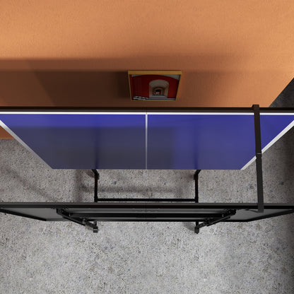 9FT Holding Tennis Table w/ Four Wheels, for Indoors, Blue + Comes with a net, two paddles and three balls