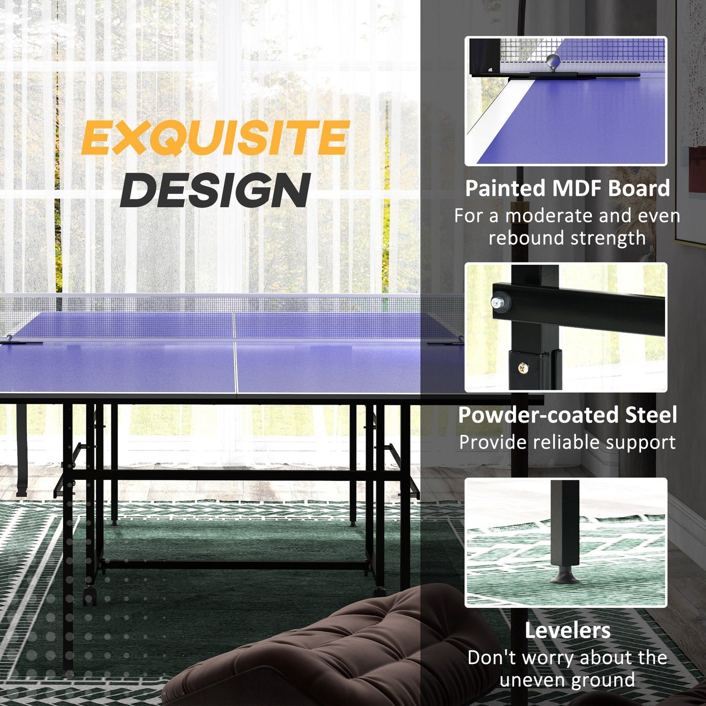 9FT Holding Tennis Table w/ Four Wheels, for Indoors, Blue + Comes with a net, two paddles and three balls